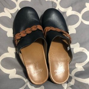 Dansko Sherise Black Leather Mules Clogs Tan Braid